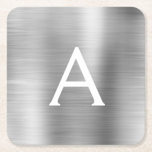 Luxury Silver Brushed Metall Monogram Namn Initial Underlägg Papper Kvadrat