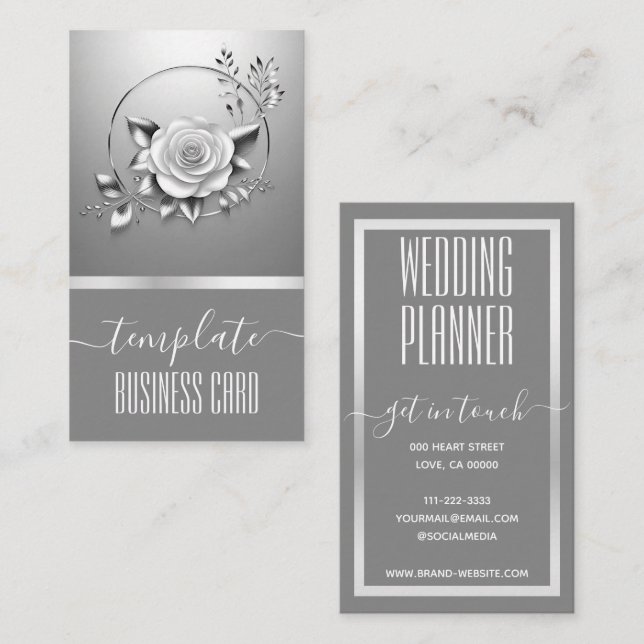 Luxury Silver Calligraphy Söt Blommigt Visitkort (Fram/baksida)