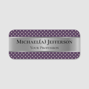 Luxury Silver & Chic Violet Lila White Polka Dot Namnbricka