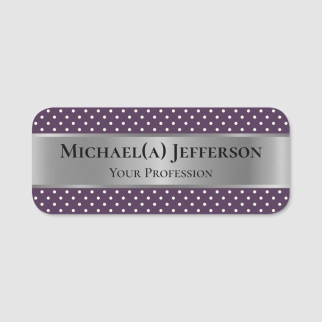 Luxury Silver & Chic Violet Lila White Polka Dot Namnbricka (Framsida)