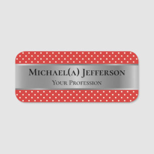 Luxury Silver & Elegant Tomato Red White Polka Dot Namnbricka
