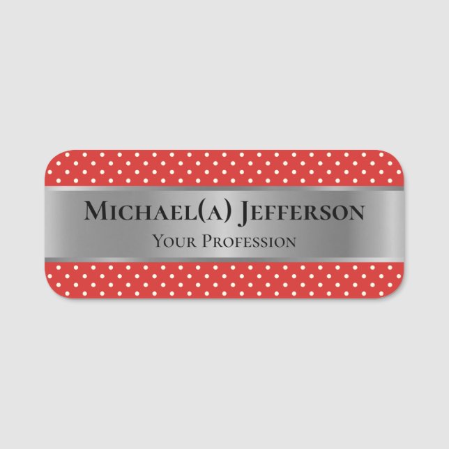 Luxury Silver & Elegant Tomato Red White Polka Dot Namnbricka (Framsida)
