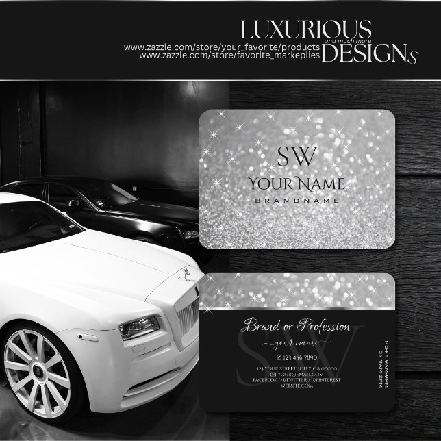 Luxury Silver Glitter Gnistra Stars Initialer Smar Visitkort (Skapare uppladdad)
