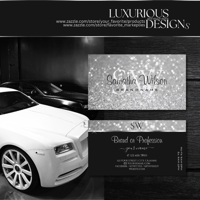 Luxury Silver Glitter Gnistra Stars Monogram Smart Visitkort (Skapare uppladdad)
