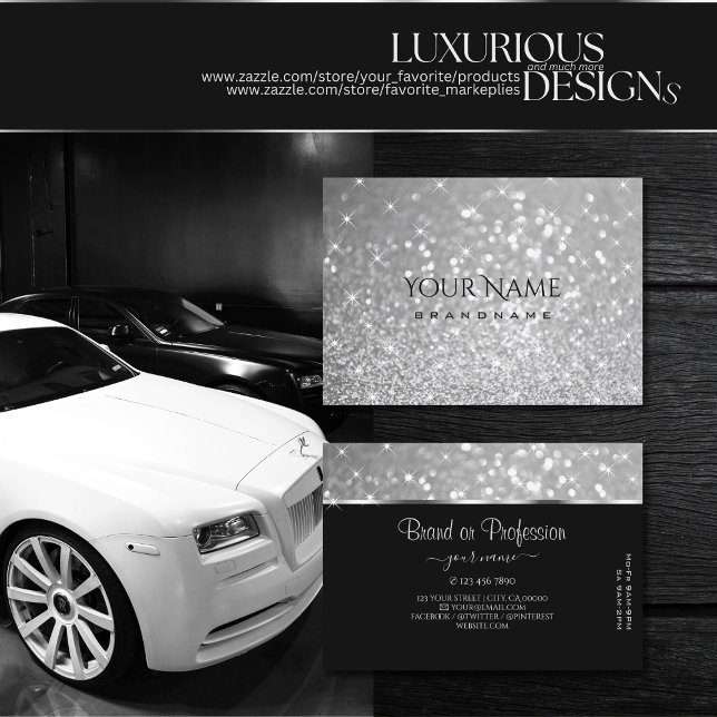 Luxury Silver Glitter Gnistra Stars Smart på svart Visitkort (Skapare uppladdad)