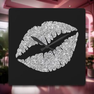Luxury Silver Glitter Lipstick på Black Fyrkantig Klocka