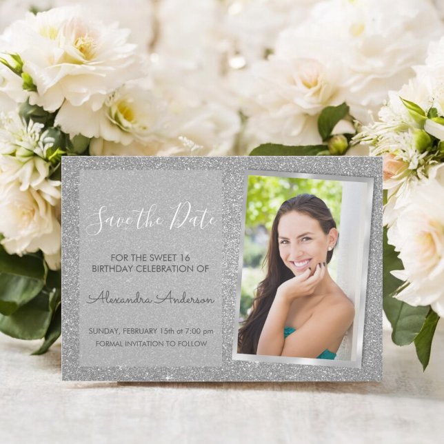 Luxury Silver Glitter Sweet 16 Spara datum Inbjudningar (Skapare uppladdad)