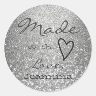 Luxury Silver Glitter tillverkad med Kärlek Heart Runt Klistermärke