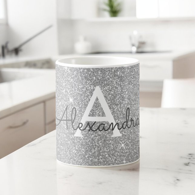 Luxury Silver Gnistra Glitter Monogram Namn Kaffemugg (Skapare uppladdad)