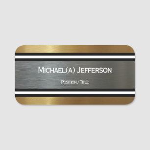 Luxury Silver & Guld Brushed: Black White Stripe Namnbricka