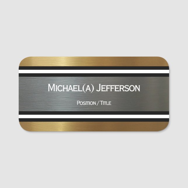 Luxury Silver & Guld Brushed: Black White Stripe Namnbricka (Framsida)