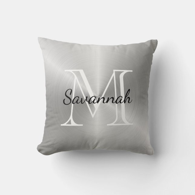 Luxury Silver Monogram Faux Metall Kudde (Framsida)