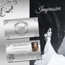 Luxury Silver Ornate Decor Monogram Photo QR-kod Visitkort