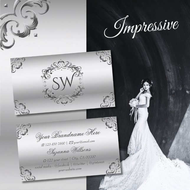 Luxury Silver Ornate Decor with Monogram Sumptuous Visitkort (Skapare uppladdad)