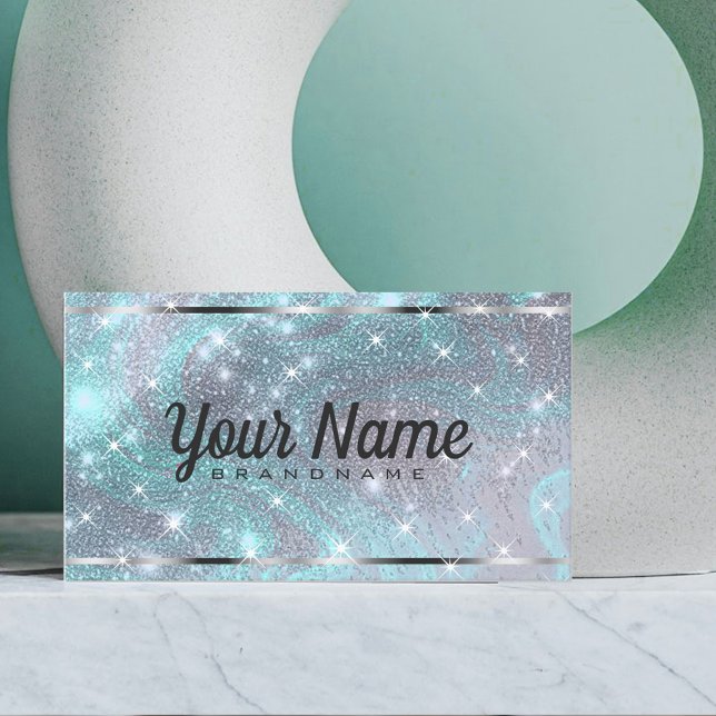 Luxury Silver Teal MarLED Glitter Shiny Stars Visitkort (Skapare uppladdad)