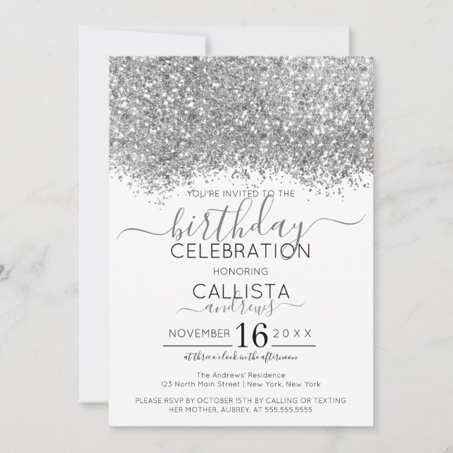 Luxury Silver White Glitter Confetti Birthday Inbjudningar (Framsida)