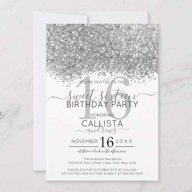 Luxury Silver White Glitter Confetti Sweet 16 Inbjudningar (Framsida)
