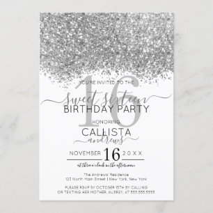 Luxury Silver White Glitter Confetti Sweet 16 Inbjudningar