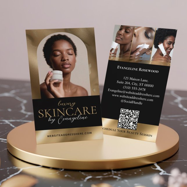 Luxury Skincare Esthetician Arch Photo Black Gold Visitkort (Luxury Skincare Esthetician Arch Photo Black Gold Business Card)