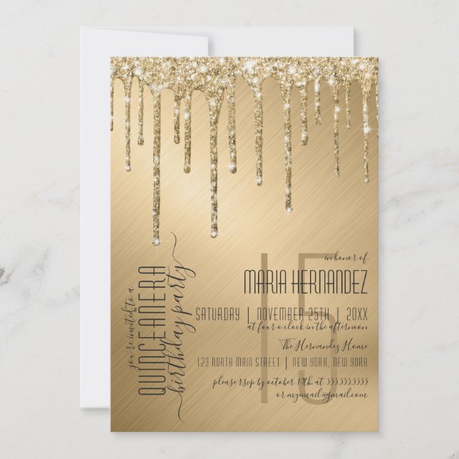 Luxury Sparkly Guld Glitter Drips Quinceañera Inbjudningar (Framsida)