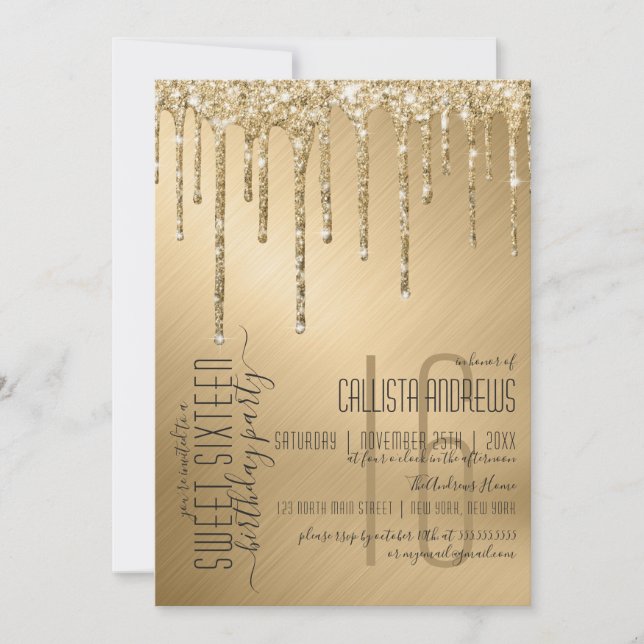 Luxury Sparkly Guld Glitter Drips Sweet 16 Inbjudningar (Framsida)