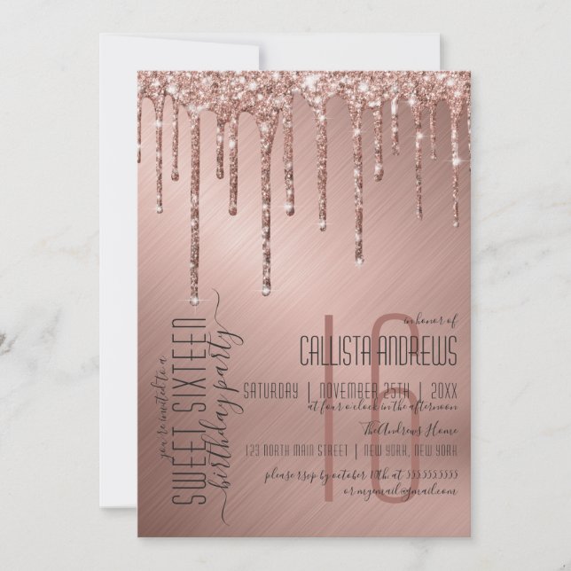 Luxury Sparkly Ro Guld Glitter Drips Sweet 16 Inbjudningar (Framsida)