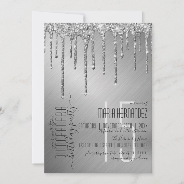 Luxury Sparkly Silver Glitter Drips Quinceañera Inbjudningar (Framsida)