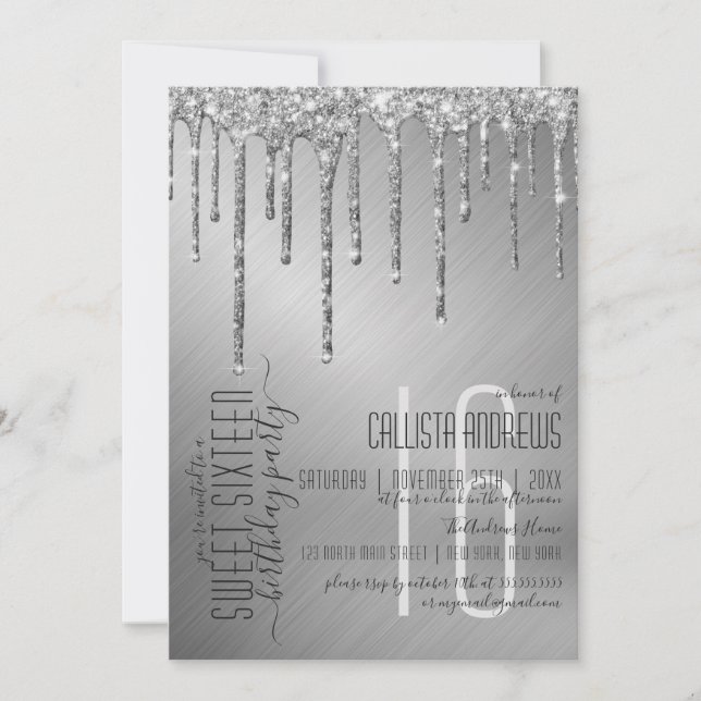 Luxury Sparkly Silver Glitter Drips Sweet 16 Inbjudningar (Framsida)