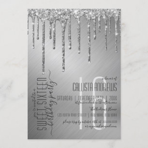 Luxury Sparkly Silver Glitter Drips Sweet 16 Inbjudningar