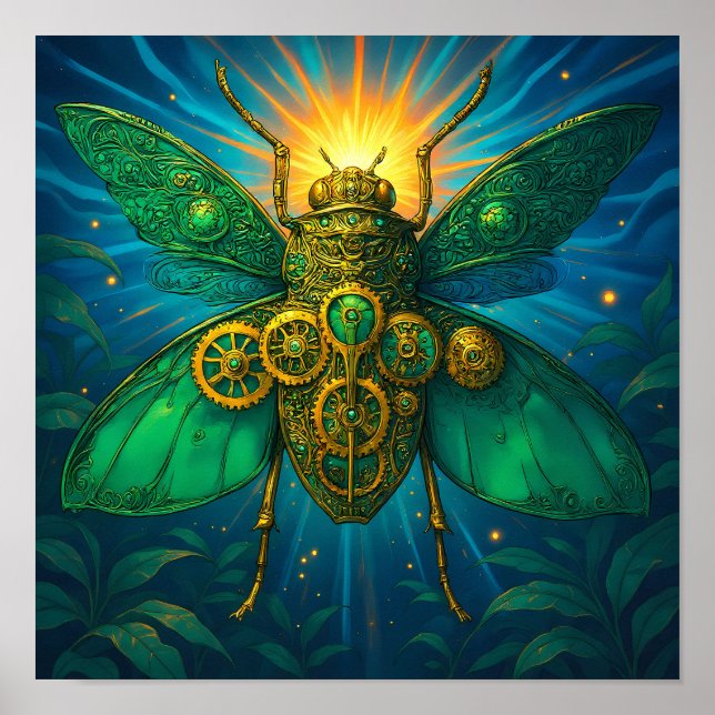 Luxury Steampunk Art: Gilded Emerald Insect Poster (Framsidan)