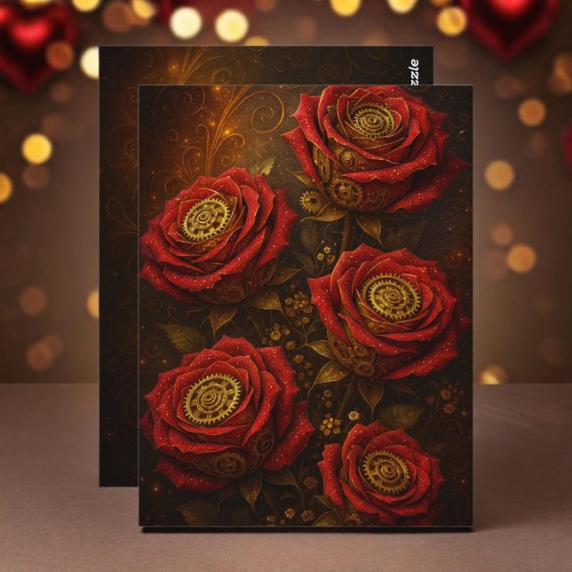 Luxury Steampunk Roses Romantic Gold Gears Vykort (Skapare uppladdad)