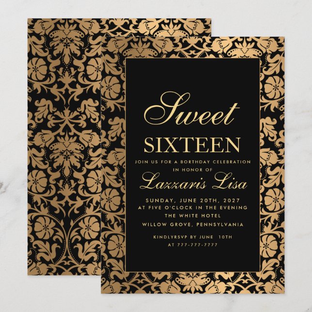 Luxury Sweet 16 Black Girly Birthday Inbjudningar (Fram/baksida)