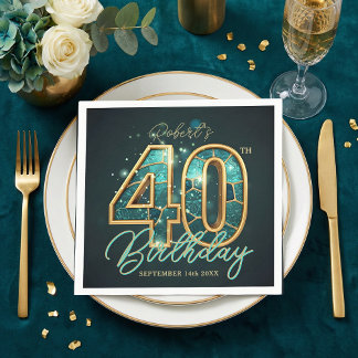 Luxury Teal Gold Agate Mosaic 40th Birthday Party Pappersservett