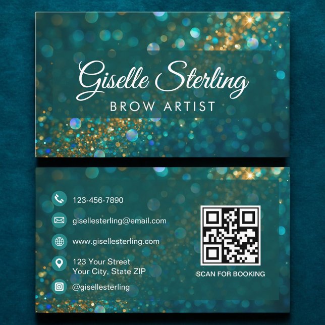 Luxury Teal Guld Glitter Brow Artist QR-kod Visitkort (Skapare uppladdad)