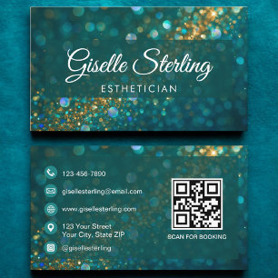 Luxury Teal Guld Glitter Esthetician QR Code Visitkort
