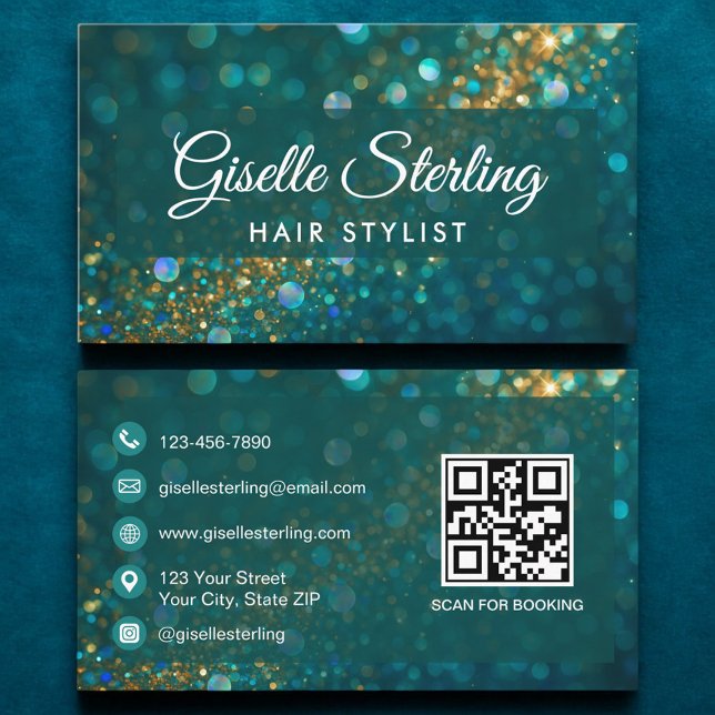 LUXury Teal Guld Glitter Hair Stylist QR-kod Visitkort (Skapare uppladdad)