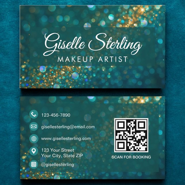 Luxury Teal Guld Glitter Opal Makeup Artist QR Cod Visitkort (Skapare uppladdad)