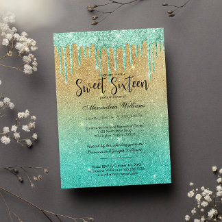 Luxury teal guld ombre glitter drops Sweet 16 Inbjudningar