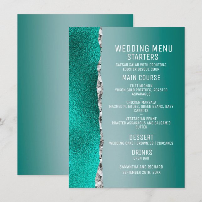 Luxury Teal Turcos Silver Glitter Bröllop Meny (Fram/baksida)
