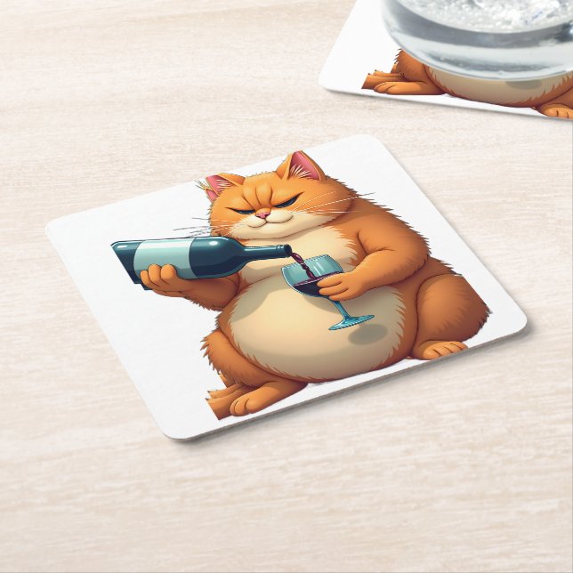 Luxury Tipsy Cat Modern Art Illustration Underlägg Papper Kvadrat (Vinklad)