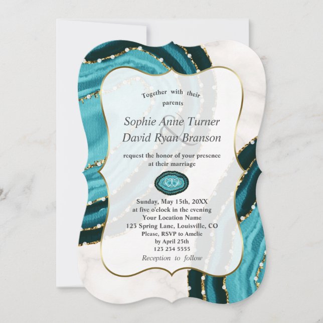 Luxury Turcos Watercolor Agate Pearls Bröllop Inbjudningar (Framsida)