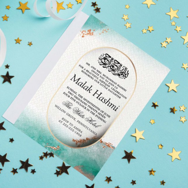 Luxury Turkvoise Watercolor Islamic Aqiqa Aqeeqah Inbjudningar (Skapare uppladdad)