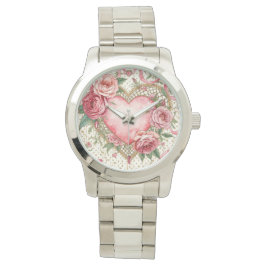 Luxury, Valentine Day ,Love Pink Heart and Flowers Armbandsur
