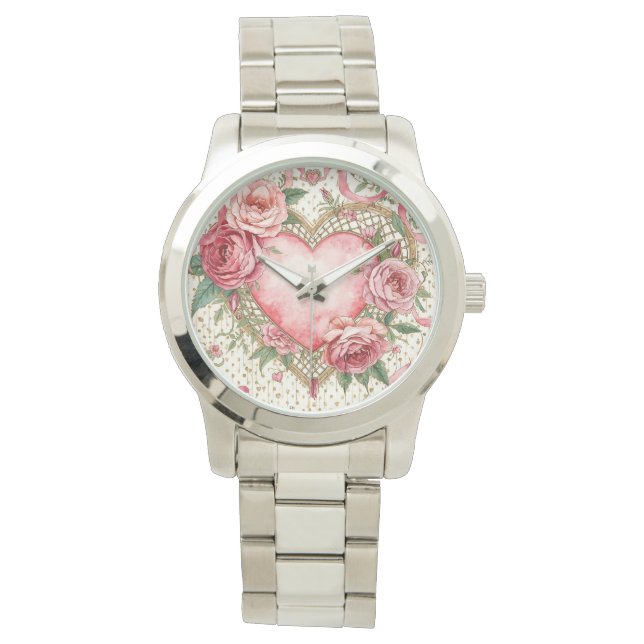 Luxury, Valentine Day ,Love Pink Heart and Flowers Armbandsur (Framsida)