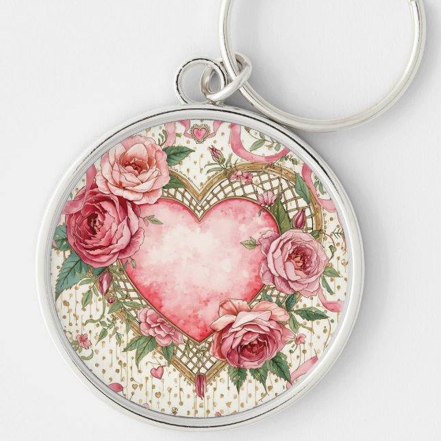 Luxury, Valentine Day ,Love Pink Heart and Flowers Rund Silverfärgad Nyckelring (Framsidan)