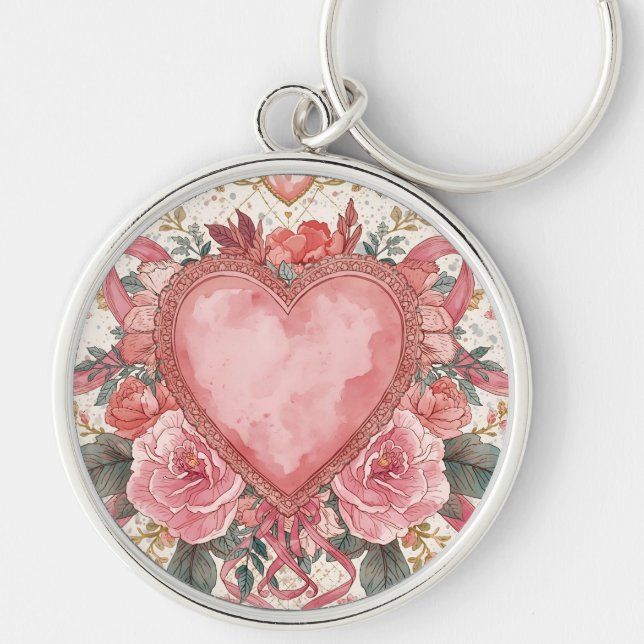 Luxury,Valentine, Love Pink Heart ,Flowers Pattern Rund Silverfärgad Nyckelring (Framsidan)
