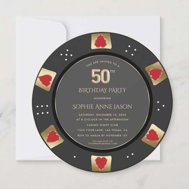 Luxury Vegas Guld Poker Chip 50:e födelsedagen Inbjudningar (Framsida)