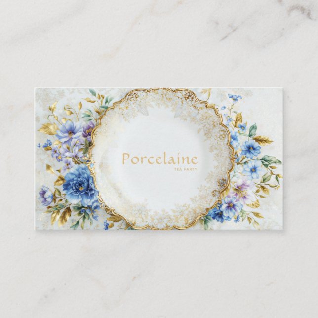 Luxury Victorian Blue Floral Ornate Gold Plate Visitkort (Framsida)