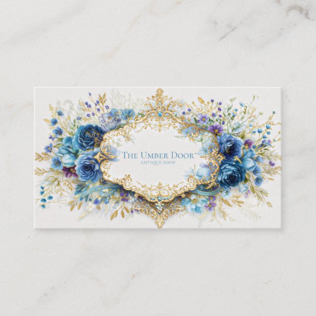 Luxury Victorian Ornate Gold Frame Blue Floral Visitkort (Framsida)