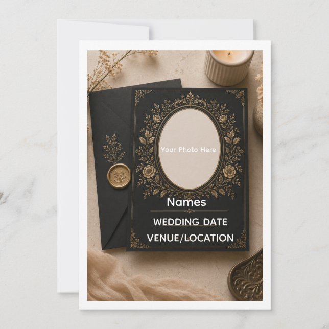 Luxury Vintage Black & Gold Wedding Invitation Inbjudningar (Framsida)